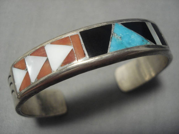 Thicker Vintage Native American Navajo Turquoise Inlay Coral Sterling Silver Bracelet Old Cuff-Nativo Arts