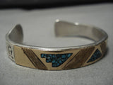 Thicker Vintage Native American Navajo Turquoise Inlay Gold Sterling Silver Bracelet Old-Nativo Arts