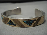 Thicker Vintage Native American Navajo Turquoise Inlay Gold Sterling Silver Bracelet Old-Nativo Arts