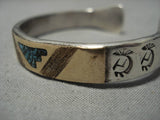 Thicker Vintage Native American Navajo Turquoise Inlay Gold Sterling Silver Bracelet Old-Nativo Arts