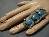 Towering Vintage Native American Jewelry Navajo Royston Turquoise Sterling Silver Leaf Ring Old-Nativo Arts
