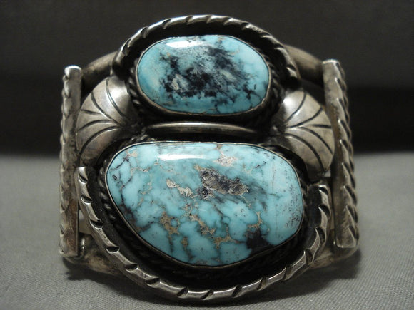Towering Vintage Navajo Carico Lake Turquoise Native American Jewelry Silver Winged Bracelet-Nativo Arts
