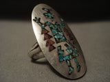 Towering Vintage Navajo Yei Turquoise Coral Native American Jewelry Silver Ring-Nativo Arts
