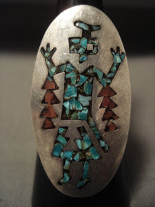 Towering Vintage Navajo Yei Turquoise Coral Native American Jewelry Silver Ring-Nativo Arts
