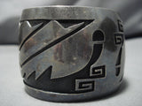 Tremedous Vintage Native American Navajo Hopi Sterling Silver Geoemtric Bracelet Old Cuff-Nativo Arts