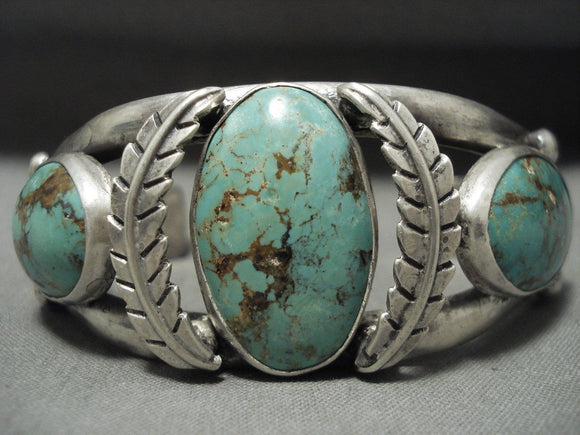 Triple Domed Natural Royston Turquoise Vintage Navajo Native American Jewelry Silver Leaf Bracelet-Nativo Arts