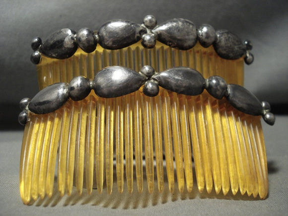 Two Huge Earlier Vintage Navajo Native American Jewelry Silver Bead Hair Clips Barrettes-Nativo Arts