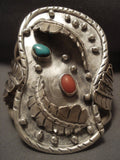 Uber Wide Vintage Navajo Turquoise Coral Native American Jewelry Silver Bracelet Old Vtg-Nativo Arts