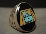 Unique! Hvy Vintage Zuni/ Navajo 'Night Of The Kachina' Turquoise Native American Jewelry Silver Ring-Nativo Arts