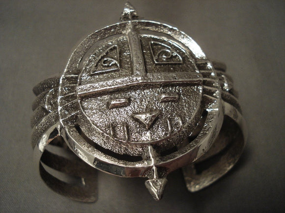 Unique! Navajo Sunface Tufa Casted Arrows Sterling Native American Jewelry Silver Bracelet-Nativo Arts