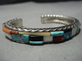 Unique Vintage Native American Jewelry Navajo Thick Sterling Silver Turquoise Inlay Bracelet Old Cuff-Nativo Arts
