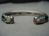 Unique Vintage Native American Jewelry Navajo Thick Sterling Silver Turquoise Inlay Bracelet Old Cuff-Nativo Arts