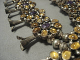 Unique!! Vintage Native American Navajo Sterling Silver Amethyst Amber Squash Blossom Necklace-Nativo Arts