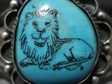 Unique!! Vintage Navajo Hand Carved Lion Turquoise Native American Jewelry Silver Bracelet Old Pawn-Nativo Arts