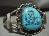 Unique!! Vintage Navajo Hand Carved Lion Turquoise Native American Jewelry Silver Bracelet Old Pawn-Nativo Arts