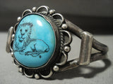 Unique!! Vintage Navajo Hand Carved Lion Turquoise Native American Jewelry Silver Bracelet Old Pawn-Nativo Arts