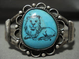 Unique!! Vintage Navajo Hand Carved Lion Turquoise Native American Jewelry Silver Bracelet Old Pawn-Nativo Arts