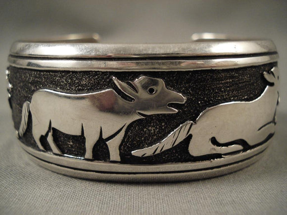Unique Vintage Navajo Tommy Singer lamb & Animal Native American Jewelry Silver Bracelet-Nativo Arts