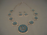 Unique! Vintage Zuni 'Turquoise Flower' Native American Jewelry Silver Squash Blossom Necklace Earrings-Nativo Arts