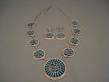Unique! Vintage Zuni 'Turquoise Flower' Native American Jewelry Silver Squash Blossom Necklace Earrings-Nativo Arts