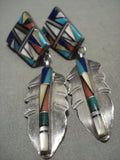 Very Detailed Vintage Navajo 'Turquoise Mosaic Inlay' Native American Jewelry Silver Earrings-Nativo Arts