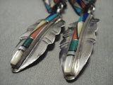 Very Detailed Vintage Navajo 'Turquoise Mosaic Inlay' Native American Jewelry Silver Earrings-Nativo Arts