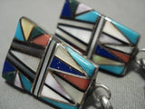 Very Detailed Vintage Navajo 'Turquoise Mosaic Inlay' Native American Jewelry Silver Earrings-Nativo Arts