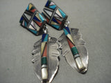 Very Detailed Vintage Navajo 'Turquoise Mosaic Inlay' Native American Jewelry Silver Earrings-Nativo Arts