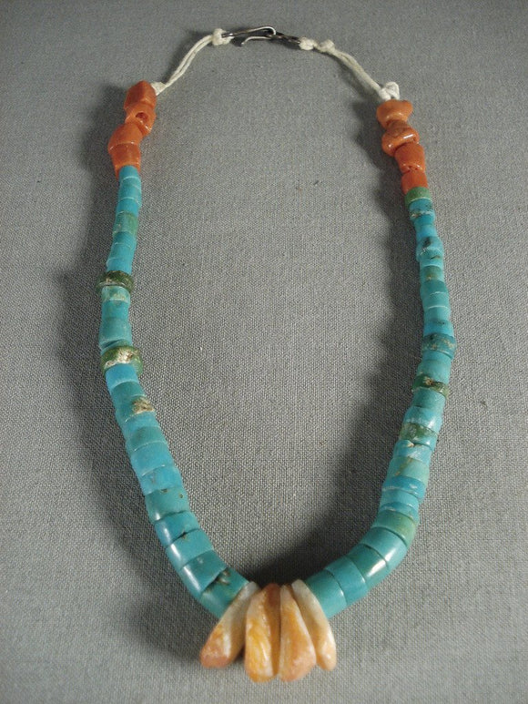 Very Early Very Old Vintage Santo Domingo Turquoise Tube Coral Native American Jewelry Silver Necklace-Nativo Arts