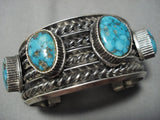 Very Heavy!! Vintage Native American Jewelry Navajo Blue Wind Turquoise Sterling Silver Bracelet Old-Nativo Arts