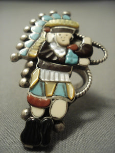 Very Large Vintage Zuni Turquoise Sterling Native American Jewelry Silver Kachina Dancer Ring-Nativo Arts