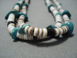 Very Long!! Rare Leather Vintage Native American Jewelry Navajo Turquoise Heishi Shell Necklace Old-Nativo Arts