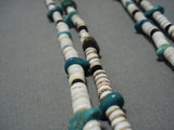 Very Long!! Rare Leather Vintage Native American Jewelry Navajo Turquoise Heishi Shell Necklace Old-Nativo Arts