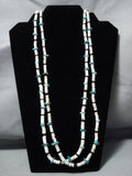 Very Long!! Rare Leather Vintage Native American Jewelry Navajo Turquoise Heishi Shell Necklace Old-Nativo Arts