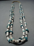 Very Long!! Rare Leather Vintage Native American Jewelry Navajo Turquoise Heishi Shell Necklace Old-Nativo Arts