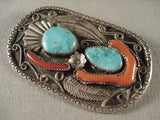 Very Old extreme Detailed Silver Turquoise Coral Pin-Nativo Arts
