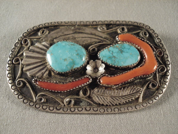 Very Old extreme Detailed Silver Turquoise Coral Pin-Nativo Arts