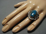 Very Rare Turquoise!! Vintage Native American Jewelry Navajo Blue Thunder Turquoise Sterling Silver Ring-Nativo Arts