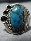 Very Rare Turquoise!! Vintage Native American Jewelry Navajo Blue Thunder Turquoise Sterling Silver Ring-Nativo Arts