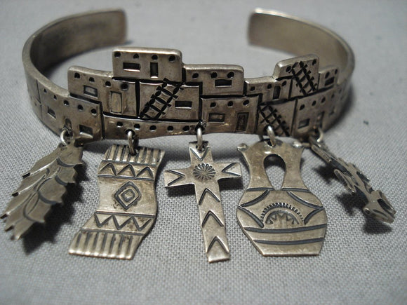Very Rare Vintage Native American Jewelry Navajo Pueblo Charm Sterling Silver Bracelet Old-Nativo Arts