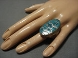 Very Rare Vintage Native American Navajo Blue Warrior Turquoise Sterling Silver Ring Old-Nativo Arts