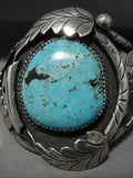 Very Rare Vintage Navajo Blue Diamond Turquoise Native American Jewelry Silver Leaves Bracelet Old-Nativo Arts