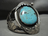 Very Rare Vintage Navajo Blue Diamond Turquoise Native American Jewelry Silver Leaves Bracelet Old-Nativo Arts