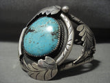 Very Rare Vintage Navajo Blue Diamond Turquoise Native American Jewelry Silver Leaves Bracelet Old-Nativo Arts
