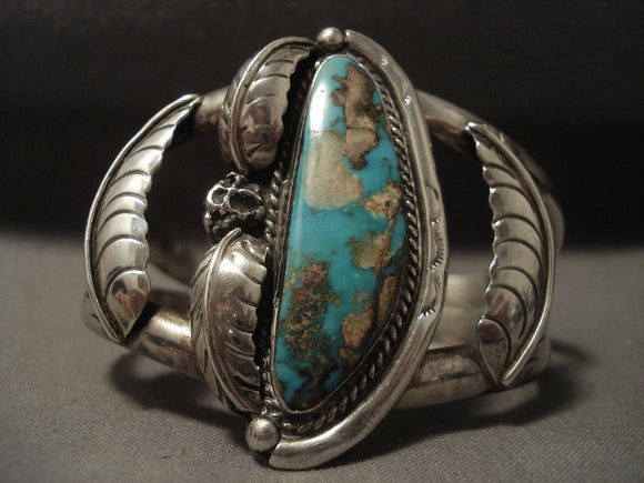 Very Rare Vintage Navajo 'Green Pilot Mountain' Turquoise Native American Jewelry Silver Bracelet-Nativo Arts