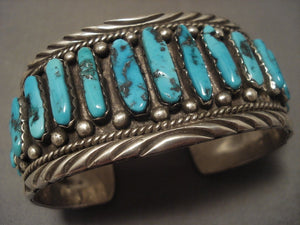 Very Rare Vintage Navajo long Turquoise Native American Jewelry Silver Bracelet Old Sterling Vtg-Nativo Arts