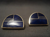 Very Rare Vintage Navajo Native American Jewelry jewelry Ray Tracey Solid 14k Gold Imperial Lapis Earrings-Nativo Arts