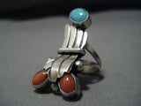 Very Unique Ribbon Sterling Silver Turquoise Coral Native American Jewelry Navajo Vintage Ring Old-Nativo Arts
