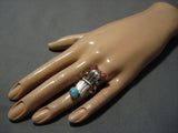 Very Unique Ribbon Sterling Silver Turquoise Coral Native American Jewelry Navajo Vintage Ring Old-Nativo Arts