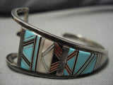 Very Unique!! Vintage Native American Zuni Turquoise Sterling Silver Inlay Bracelet Old-Nativo Arts